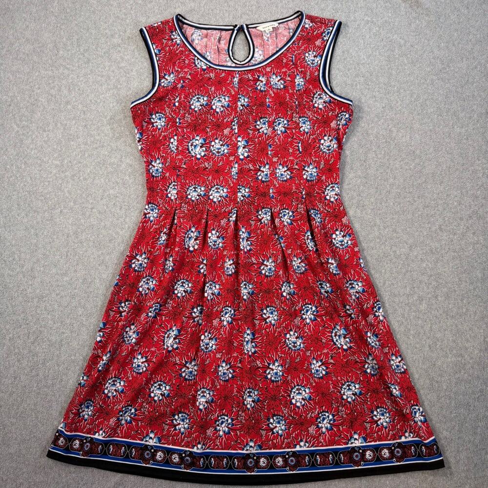 MAX STUDIO Women's Small Red Floral Sleeveless Pleated A-Line Dress Stretch